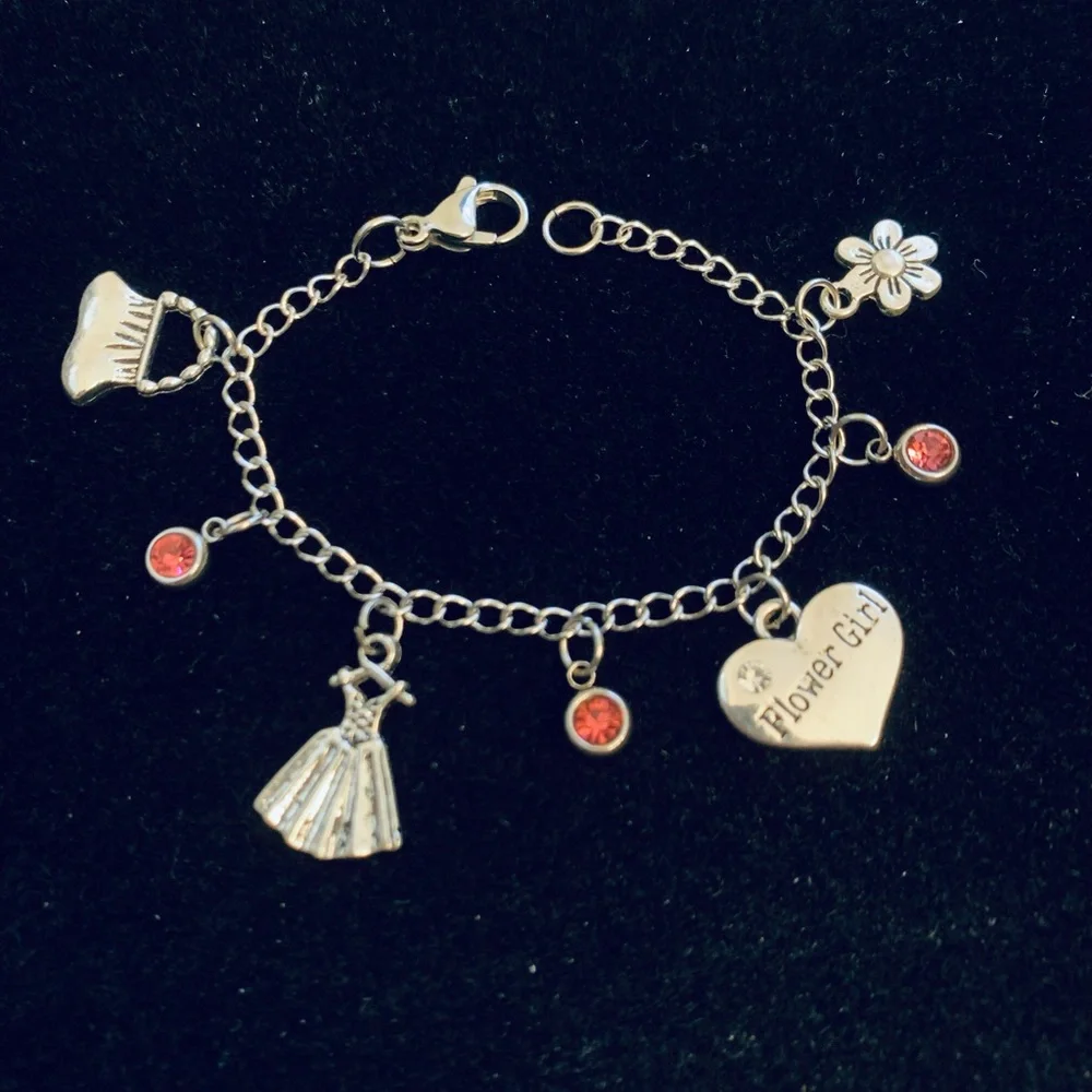 Flower Girl Charm Bracelet with pink rhinestone charms